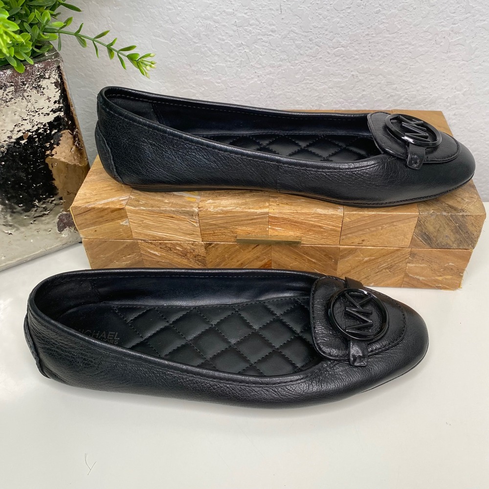 Michael Kors Lillie Black Leather Quilted‎ Ballet Flats with MK Logo Size 7.5 - Picture 2 of 10